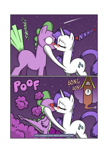 Size: 800x1133 | Tagged: safe, artist:burning-heart-brony, derpibooru import, rarity, spike, dragon, pony, unicorn, comic:a change of heart, a change of heart, blushing, cinderella, comic, eyes closed, female, heart eyes, kissing, making out, male, mare, ponified spike, shipping, sparity, species swap, straight, surprised, tailboner, wide eyes, wingding eyes