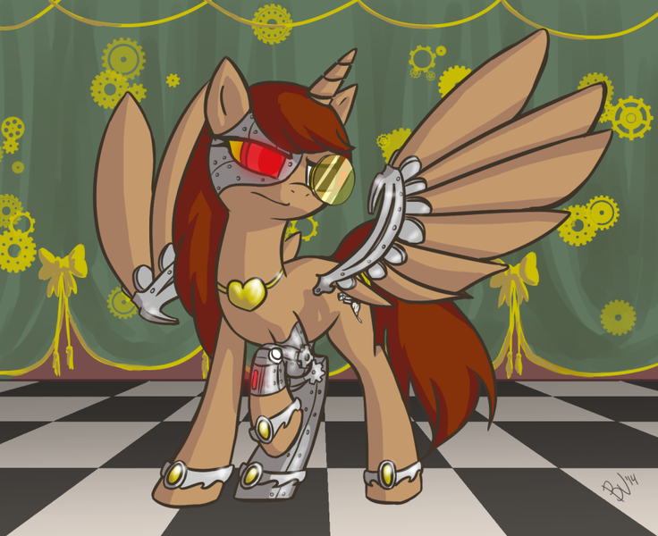 Size: 899x733 | Tagged: safe, artist:cactusmaestro, derpibooru import, oc, unofficial characters only, cyborg, pegasus, pony, amputee, prosthetic limb, prosthetics, solo, steampunk