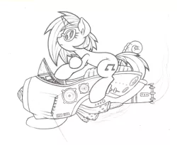 Size: 800x653 | Tagged: artist:dfectivedvice, derpibooru import, grayscale, hoverbike, monochrome, riding, safe, solo, traditional art, vinyl scratch