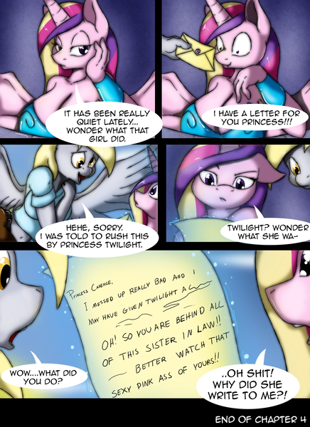 Size: 1280x1760 | Tagged: questionable, artist:suirano, derpibooru import, derpy hooves, princess cadance, anthro, comic:temptation, comic:temptation (chapter 4), big breasts, breasts, busty derpy hooves, busty princess cadance, cleavage, comic, dialogue, female, image, letter, magic, png, speech bubble, telekinesis, temptation (chapter 4), this will end in laughs, vulgar