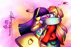 Size: 800x533 | Tagged: safe, artist:shikimaakemi, derpibooru import, rainbow dash, twilight sparkle, equestria girls, blushing, female, humanized, kissing, lesbian, shipping, twidash, winter outfit