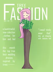 Size: 730x1000 | Tagged: artist:looji, beautiful, clothes, derpibooru import, dress, eyes closed, fluttershy, fluttertree, human, humanized, magazine cover, pun, safe, solo, tree costume