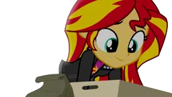 Size: 1280x720 | Tagged: safe, derpibooru import, edit, edited screencap, screencap, sunset shimmer, equestria girls, rainbow rocks, box, clothes, cute, jacket, looking down, screenshots, shimmerbetes, simple background, smiling, solo, transparent background, vector