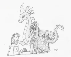 Size: 1001x798 | Tagged: safe, artist:sensko, derpibooru import, rarity, spike, twilight sparkle, twilight sparkle (alicorn), alicorn, dragon, pony, adult spike, black and white, female, grayscale, immortality blues, male, mare, monochrome, older, older spike, pencil drawing, quadrupedal spike, sad, shipping, sketch, sparity, straight, traditional art, winged spike