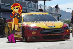 Size: 2615x1765 | Tagged: safe, derpibooru import, sunset shimmer, equestria girls, car, equestria girls in real life, ford, ford fusion, joey logano, nascar, photo, race track, racecar, racing