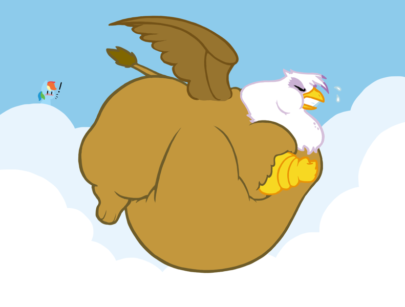 Size: 1344x1020 | Tagged: questionable, artist:queenfrau, derpibooru import, gilda, rainbow dash, gryphon, blushing, chubby cheeks, cloud, cloudy, exclamation point, eyes closed, fat, female, flying, gildash, gildough, gritted teeth, impossibly large belly, impossibly large butt, lesbian, morbidly obese, obese, plot, shipping, struggling, sweat, thighs, thunder thighs