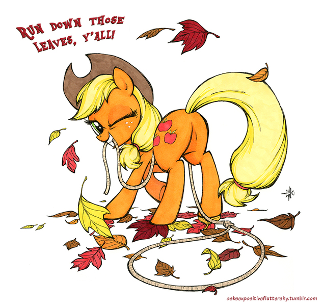 Size: 900x852 | Tagged: applejack, artist:halfsparkle, autumn, derpibooru import, leaves, plot, rope, running of the leaves, safe, solo, wink