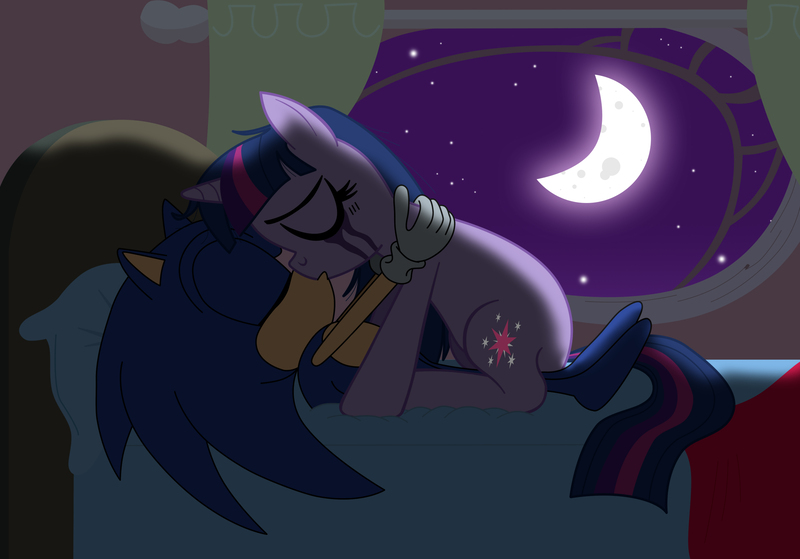 Size: 3510x2451 | Tagged: safe, artist:lightdegel, derpibooru import, twilight sparkle, pony, fanfic, chaos in equestria, commission, crossover, crossover shipping, fanfic art, interspecies, kissing, moon, shipping, sonic the hedgehog, sonic the hedgehog (series), twisonic