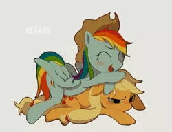 Size: 700x538 | Tagged: safe, artist:mugijiru, derpibooru import, applejack, rainbow dash, earth pony, pegasus, pony, accessory theft, applejack is not amused, blushing, lying on top of someone, sweat, sweatdrop, unamused