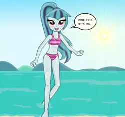 Size: 1396x1301 | Tagged: safe, artist:majkashinoda626, derpibooru import, sonata dusk, equestria girls, beach, belly button, bikini, blushing, cleavage, clothes, cute, dialogue, female, lens flare, sirens doing siren things, sonatabetes, swimsuit, this will end in death