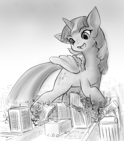 Size: 551x629 | Tagged: safe, artist:alloyrabbit, derpibooru import, twilight sparkle, twilight sparkle (alicorn), alicorn, pony, city, destruction, female, giant pony, macro, mare, mega twilight sparkle, monochrome, solo, twizilla