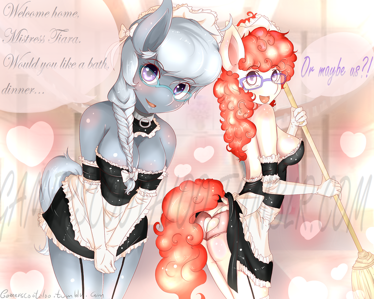 Size: 1280x1024 | Tagged: adorasexy, anthro, artist:sagasshi, ass, blushing, braid, breasts, busty silver spoon, busty twist, clothes, cute, derpibooru import, evening gloves, female, frilly underwear, garters, glasses, implied diamond tiara, implied lesbian, looking at you, maid, panties, ponytail, questionable, sexy, silver spoon, silvertwist, skirt, skirt lift, skirt pull, stockings, twist, underwear, upskirt, watermark