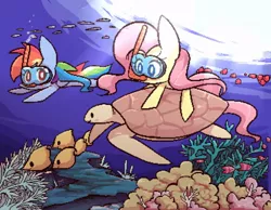 Size: 900x698 | Tagged: artist:joycall6, coral, derpibooru import, diving, fish, fluttershy, pixel art, rainbow dash, safe, snorkel, turtle, underwater, watershy