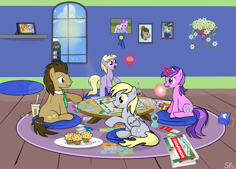 Size: 1500x1071 | Tagged: safe, artist:dsana, derpibooru import, amethyst star, carrot top, derpy hooves, dinky hooves, doctor whooves, filthy rich, golden harvest, time turner, pegasus, pony, board game, bowtie, bubblegum, cute, dalek, dice, discord lamp, doctor who, female, fez, flower, food, friendship express, gum, hat, hoofbump, magic, mailpony, mare, money, monopoly, muffin, necktie, sonic screwdriver, tardis, telekinesis