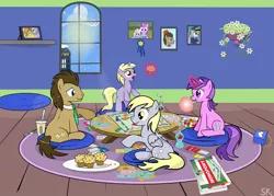 Size: 1500x1071 | Tagged: safe, artist:dsana, derpibooru import, amethyst star, carrot top, derpy hooves, dinky hooves, doctor whooves, filthy rich, golden harvest, time turner, pegasus, pony, board game, bowtie, bubblegum, cute, dalek, dice, discord lamp, doctor who, female, fez, flower, food, friendship express, gum, hat, hoofbump, magic, mailpony, mare, money, monopoly, muffin, necktie, sonic screwdriver, tardis, telekinesis