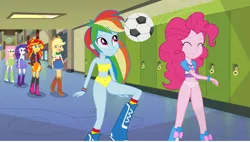 Size: 1920x1088 | Tagged: suggestive, derpibooru import, edit, applejack, pinkie pie, rainbow dash, rarity, sunset shimmer, equestria girls, belly button, boots, bra, breasts, clothes, football, high heel boots, underwear, underwear edit, yellow underwear