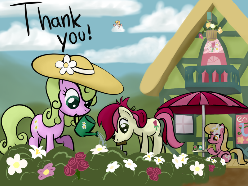 Size: 1280x960 | Tagged: artist:why485, ask, ask the flower trio, cloud, cloudy, daisy, flower, flower trio, flower wishes, garden, gardening, hat, lily, lily valley, mouth hold, oc, rose, roseluck, safe, tumblr, watering can