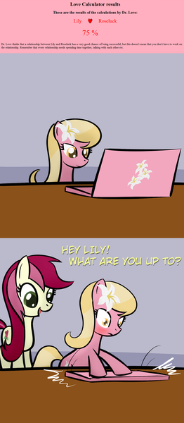 Size: 650x1487 | Tagged: artist:why485, ask, ask the flower trio, comic, computer, derpibooru import, lily, lily valley, love calculator, roseluck, safe, tumblr
