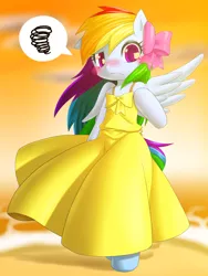 Size: 750x1000 | Tagged: safe, artist:hashioaryut, derpibooru import, rainbow dash, pegasus, semi-anthro, bipedal, blushing, bow, clothes, cute, dashabetes, dress, embarrassed, female, mare, pictogram, pixiv, rainbow dash always dresses in style, solo, speech bubble, spread wings, tsunderainbow, tsundere, wings