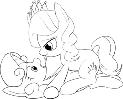 Size: 692x554 | Tagged: suggestive, artist:mcsadat, derpibooru import, diamond tiara, sweetie belle, earth pony, pony, unicorn, bully, bullying, diamondbelle, drool, drool string, female, filly, foal romance, foalcon, kissing, lesbian, making out, monochrome, on top, pinned, shipping, sloppy kissing