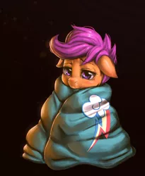 Size: 1478x1804 | Tagged: artist:mrs1989, blanket, cold, cute, cutealoo, derpibooru import, floppy ears, flu, illness, looking at you, raised eyebrow, sad, safe, scootaloo, sick, snot, solo
