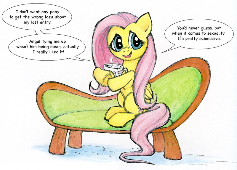 Size: 974x699 | Tagged: artist:halfsparkle, ask sex-positive fluttershy, derpibooru import, fainting couch, fluttershy, holding, hoof hold, open mouth, sitting, smiling, suggestive, tea, teacup, traditional art