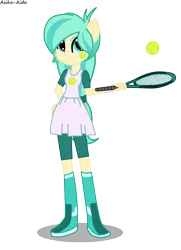 Size: 1194x1645 | Tagged: safe, artist:asika-aida, derpibooru import, tennis match, equestria girls, background human, ponied up, pony ears, smirk, solo, tennis ball, tennis racket