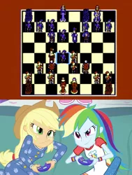 Size: 776x1024 | Tagged: safe, derpibooru import, applejack, rainbow dash, equestria girls, rainbow rocks, applejack and rainbow dash playing, battle chess, chess, exploitable meme, meme, video game