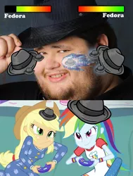 Size: 841x1110 | Tagged: safe, derpibooru import, applejack, rainbow dash, equestria girls, rainbow rocks, applejack and rainbow dash playing, exploitable meme, fedora, hat, meme, neckbeard, video game, wtf