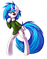 Size: 2039x2564 | Tagged: suggestive, artist:grumblepluck, derpibooru import, edit, vinyl scratch, pony, bipedal, clothes, female, simple background, solo, solo female, sweater, tongue out, white background