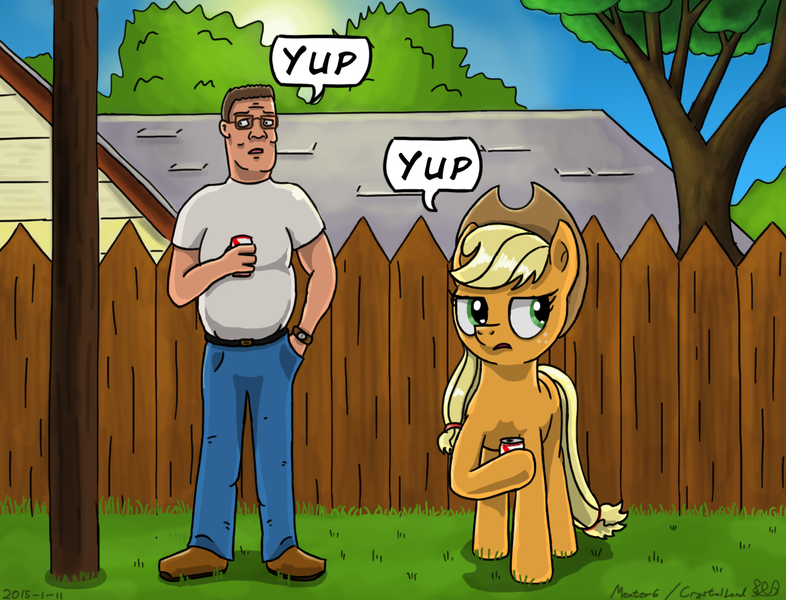 Size: 1218x930 | Tagged: alleyway, applejack, artist:meater6, beer, crossover, derpibooru import, hank hill, human, king of the hill, safe, yup