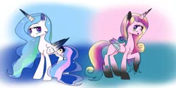 Size: 1264x632 | Tagged: safe, artist:mlpfimcp, derpibooru import, oc, oc:lovely crystal, oc:solar eclipse, unofficial characters only, alicorn, hybrid, pony, alicorn oc, ethereal mane, interspecies offspring, magical lesbian spawn, offspring, parent:princess cadance, parent:princess celestia, parent:princess luna, parent:queen chrysalis, parents:cadalis, parents:princest, product of incest
