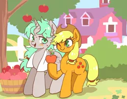 Size: 900x705 | Tagged: safe, artist:susu, derpibooru import, applejack, oc, apple tree, canon x oc, sweet apple acres