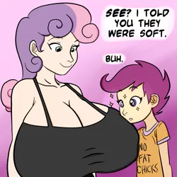 Size: 945x945 | Tagged: adult, artist:megasweet, artist:samoyena, big breasts, breast expansion, breast grab, breasts, busty sweetie belle, cleavage, derpibooru import, edit, female, grope, growth, huge breasts, human, humanized, impossibly large breasts, no fat chicks, older, scootaloo, suggestive, sweetie belle