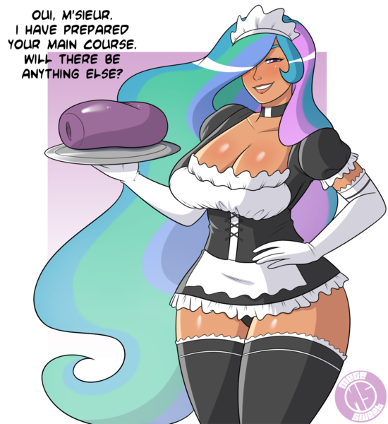 Size: 1271x1386 | Tagged: artist:megasweet, big breasts, blushing, breasts, clothes, curvy, derpibooru import, evening gloves, female, huge breasts, human, humanized, looking at you, maid, onahole, panties, princess celestia, questionable, sex toy, socks, solo, solo female, stockings, thigh highs, underwear