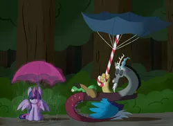 Size: 2000x1454 | Tagged: safe, artist:nolycs, derpibooru import, discord, twilight sparkle, twilight sparkle (alicorn), alicorn, pony, female, magic, mare, my neighbor totoro, rain, twilight is not amused, umbrella, unamused, wet mane