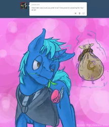 Size: 1024x1193 | Tagged: safe, artist:silver-tip, derpibooru import, oc, oc:silver tip, unofficial characters only, pony, unicorn, 2014, ask, cloak, clothes, dungeons and dragons, looking away, magic, money, reply, rogue, roleplaying, rose, scarf, thief, tumblr