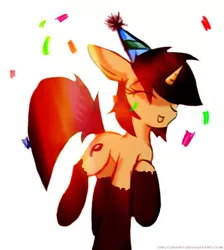 Size: 1280x1430 | Tagged: safe, artist:crutonart, derpibooru import, oc, oc:rho, unofficial characters only, pony, unicorn, confetti, cute, eyes closed, female, floppy ears, happy, happy birthday, hat, open mouth, party hat, signature, simple background, sketch, smiling, solo, white background