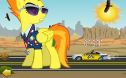 Size: 1920x1200 | Tagged: safe, artist:boeingboeing2, derpibooru import, spitfire, pony, arrow, bird of prey, car, desert, giant pony, macro, mega spitfire, sun, vector, vulgar