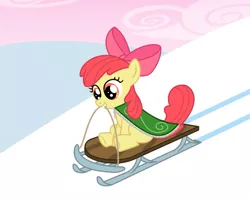 Size: 875x695 | Tagged: apple bloom, artist:lifesharbinger, cape, clothes, derpibooru import, safe, sled, sledding, snow, solo