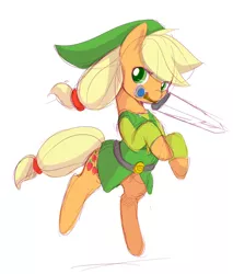 Size: 650x764 | Tagged: applejack, applelink, artist:ende26, clothes, crossover, derpibooru import, link, looking at you, mouth hold, safe, solo, sword, the legend of zelda