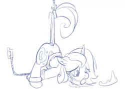 Size: 1000x715 | Tagged: artist:arkiiwarki, ballgag, bondage, bound wings, crown, crying, cuffs, derpibooru import, face down ass up, female, filly, floppy ears, foalcon, gag, /mlp/, monochrome, princess luna, sad, semi-grimdark, solo, solo female, suggestive, tail pull, woona, woonabuse