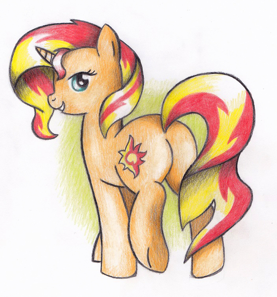 Size: 703x755 | Tagged: safe, artist:miyukikyki, derpibooru import, sunset shimmer, pony, unicorn, bunset shimmer, plot, rear view, solo, traditional art