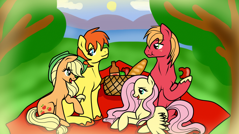 Size: 2560x1440 | Tagged: safe, artist:1231redflame, derpibooru import, applejack, big macintosh, fluttershy, oc, oc:applejuice, earth pony, pony, canon x oc, fluttermac, male, picnic, shipping, stallion, straight