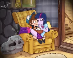 Size: 1537x1236 | Tagged: safe, artist:tokatl, derpibooru import, twilight sparkle, equestria girls, age difference, blushing, chair, clothes, crossover shipping, diplight, dipper pines, female, fossil, gravity falls, leg warmers, legs, male, miniskirt, pleated skirt, popcorn, shipping, shoes, skirt, skull, straight