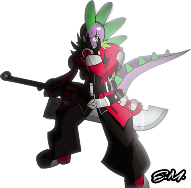 Size: 779x764 | Tagged: anthro, artist:the-equestrian-mist, belts, blazblue, crossover, derpibooru import, ragna the bloodedge, safe, scar, solo, spike, spike the number one bloodedge, stupid sexy spike, sword, teenage spike