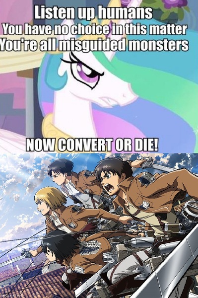 Size: 752x1130 | Tagged: angry, armin arlert, attack on titan, derpibooru import, eren jaeger, fanfic:the conversion bureau, image macro, levi ackerman, meme, mikasa ackerman, safe, the conversion bureau, tyrant celestia, xenolestia