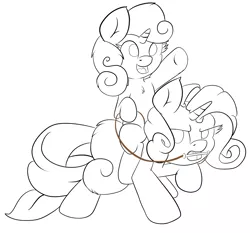 Size: 1215x1132 | Tagged: angry, artist:schizophrenicghost, bridle, derpibooru import, female, lineart, monochrome, ponies riding ponies, rarity, reins, riding, safe, sisters, sweetie belle, tack