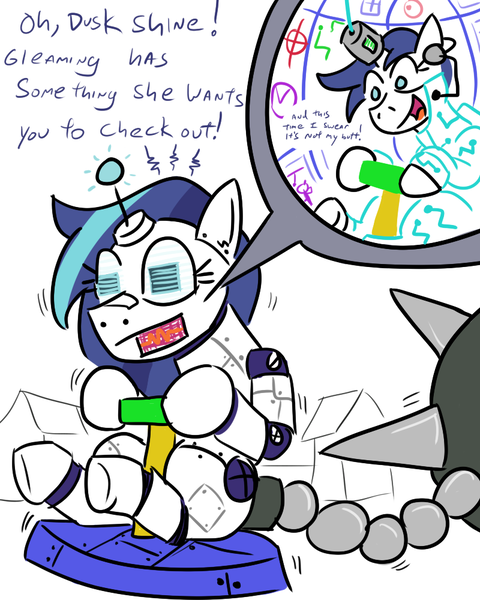 Size: 800x1000 | Tagged: artist:jargon scott, creepy shield, derpibooru import, gleaming shield, mecha, rule 63, safe, shining armor, sit-and-spin