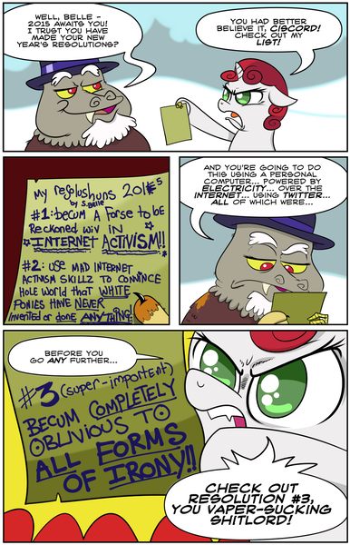 Size: 1024x1591 | Tagged: 2015, artist:catfood-mcfly, chubby cheeks, ciscord, derpibooru import, discord, fatcord, fedora, feminism, fury belle, grammar error, hat, hypocrisy, irony, list, new year, new year's resolution, parody, safe, social justice, social justice warrior, stupidity, sweetie belle, sweetie bitch, tumblr, twitter, vulgar